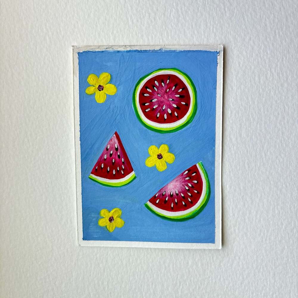 Original ACEO Art Card Watermelon Yellow Flowers Gouache Painting Paper 2.5x3.5